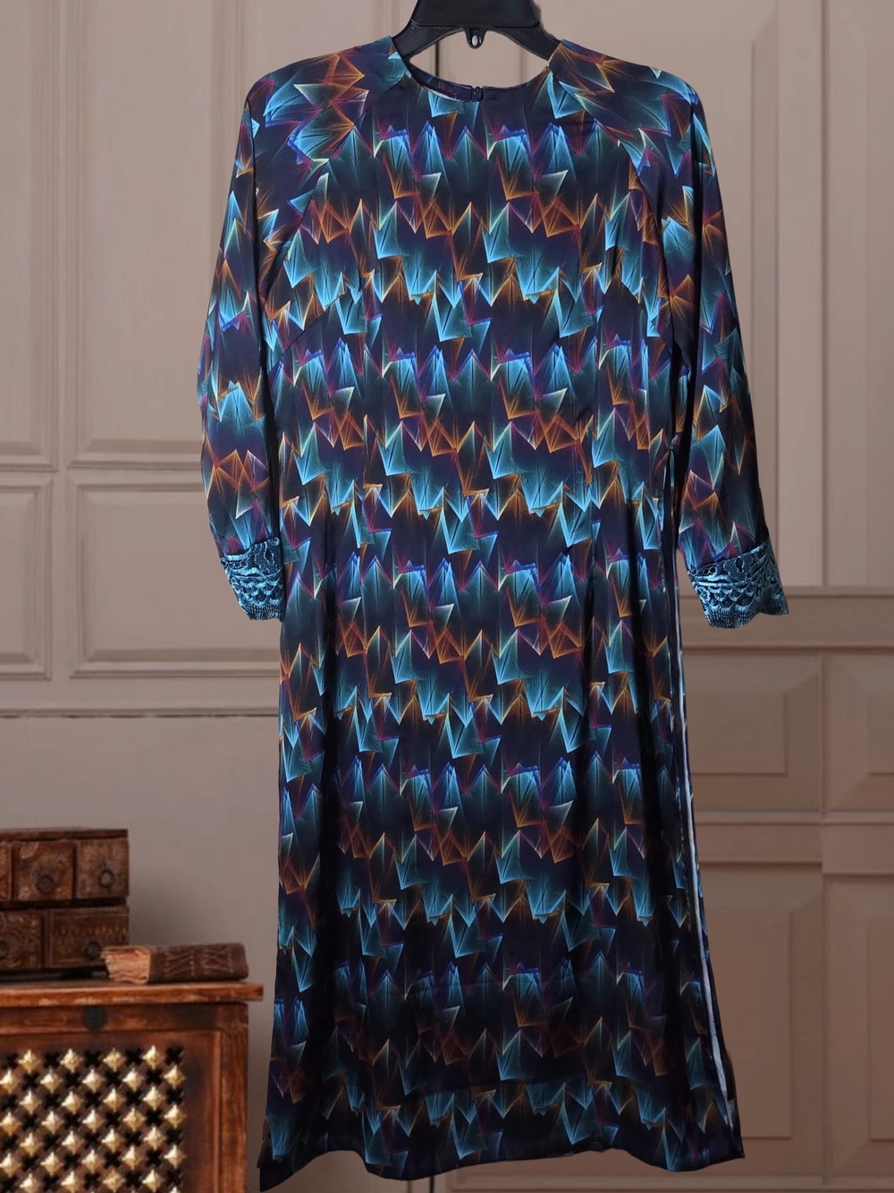 Printed Blue Geometric Midi Dress - Women's